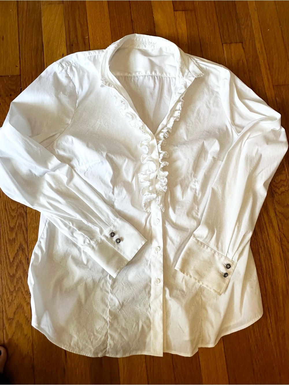 Gorsuch White Ruffle Blouse Made in Austria Wallmann Sz 44 US 12 Stretch